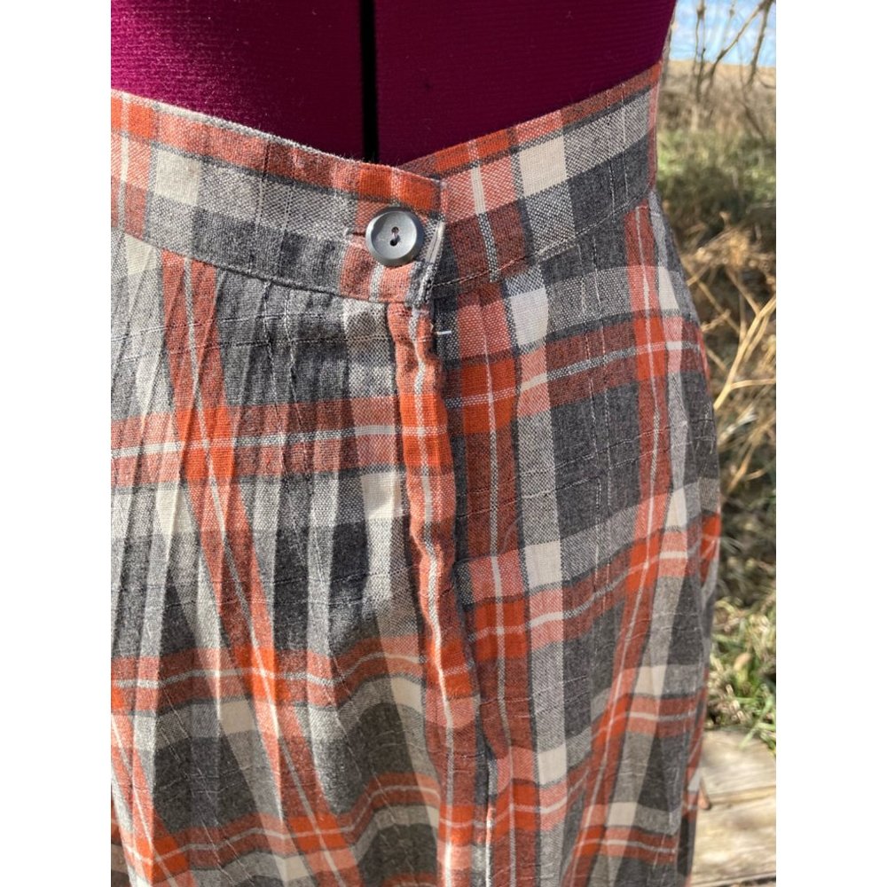 Vintage 1970s Wool Blend Plaid Pleated Skirt Gray Orange Size M - Picture 4 of 11